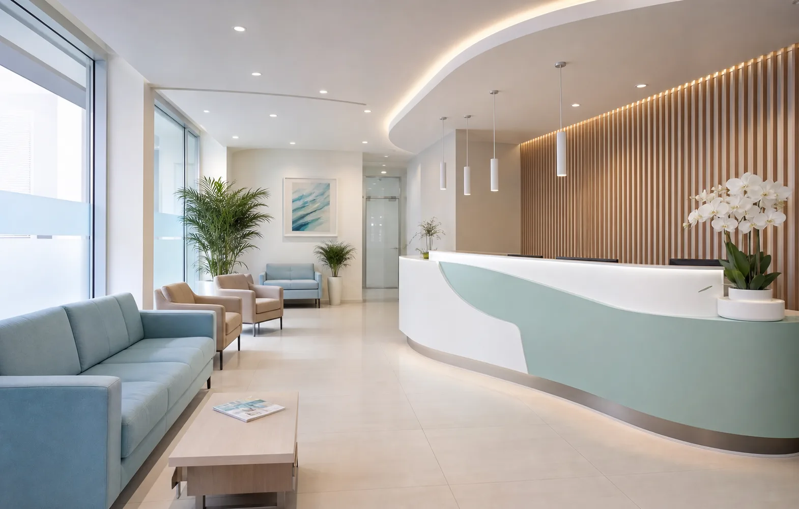 Modern dental clinic reception with calm daylight