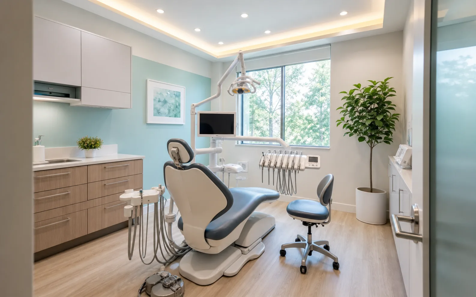 Bright dental treatment room prepared for appointment