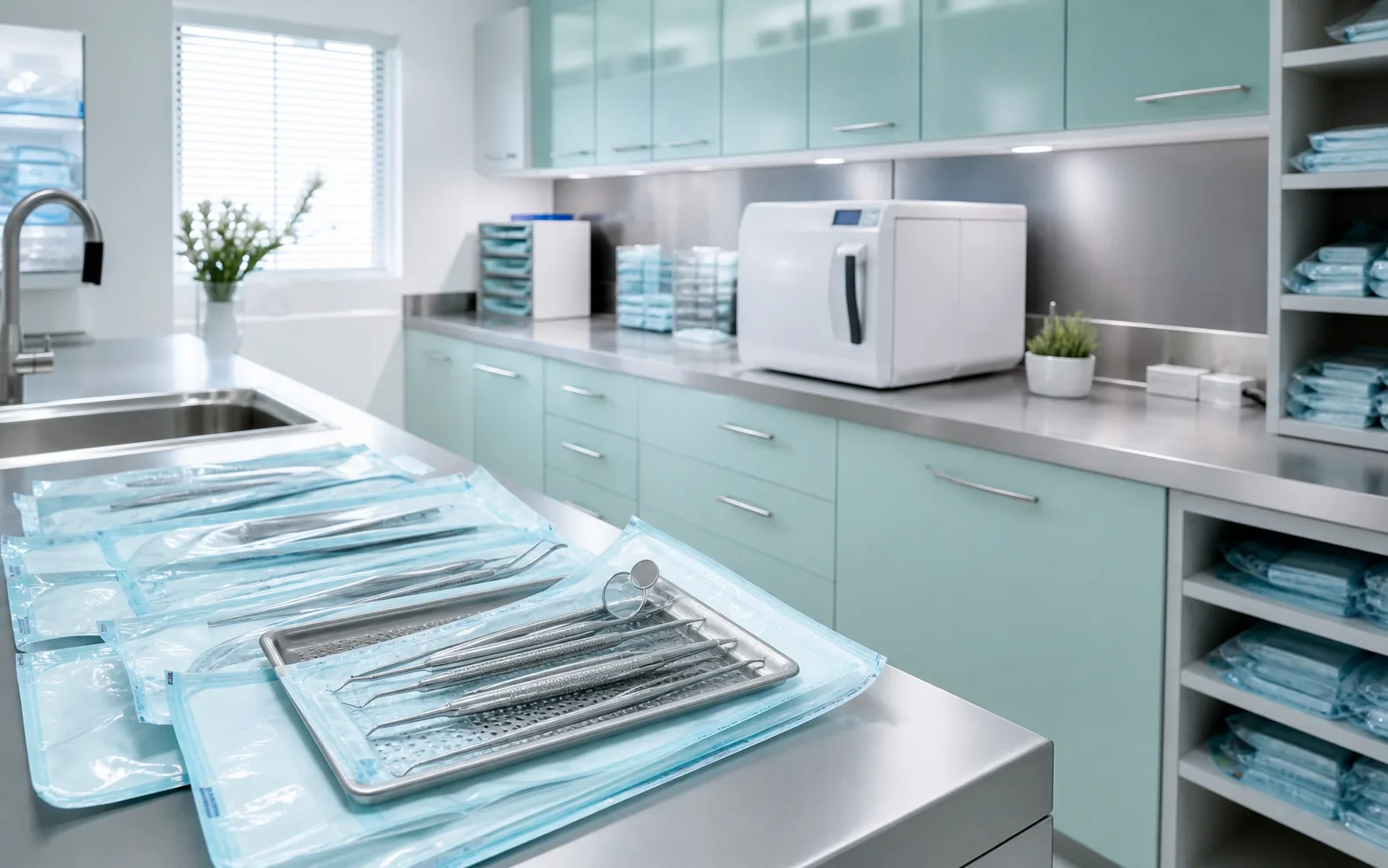 Clean sterilization area with organized dental instruments