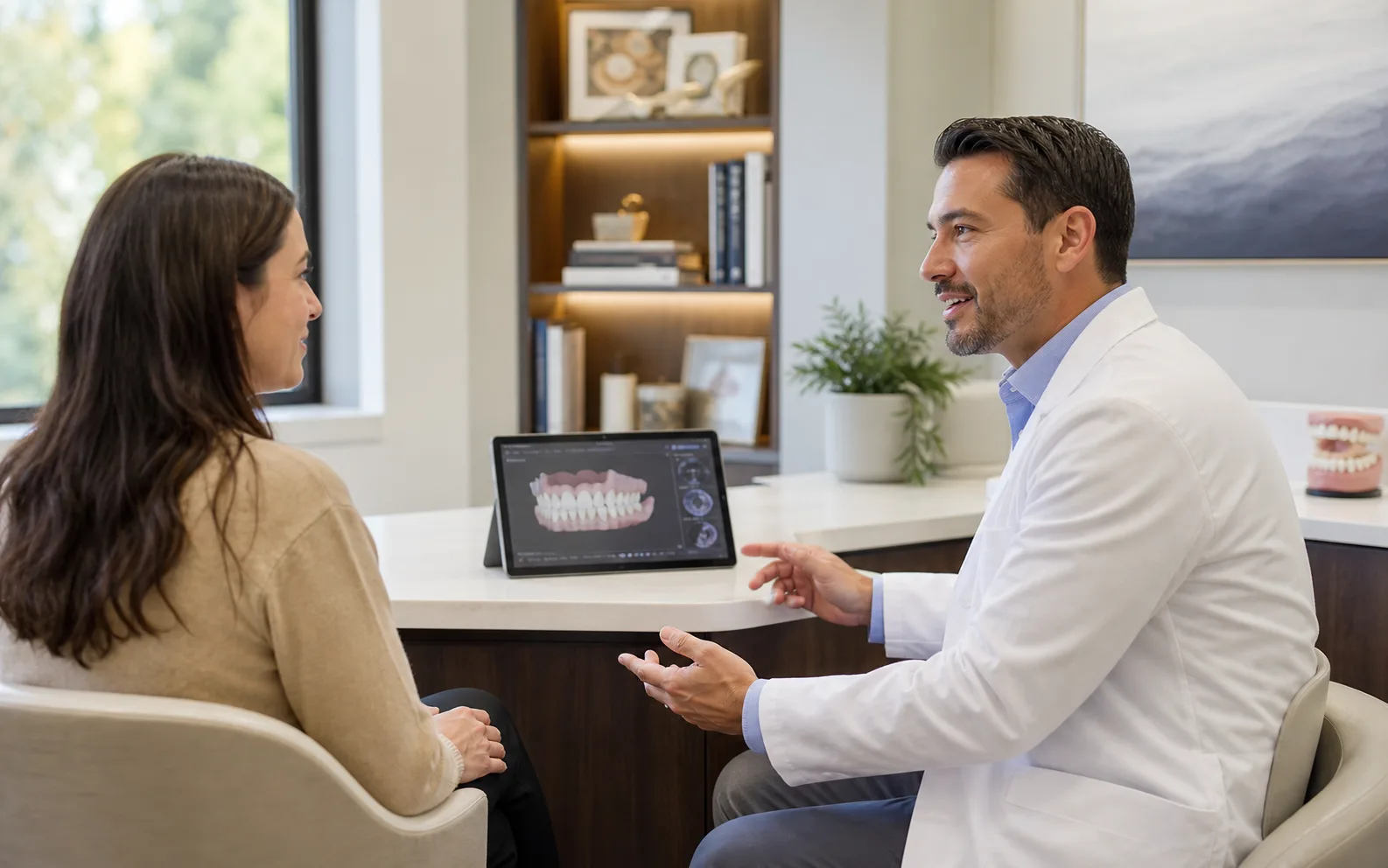 Dentist explaining a treatment plan in a calm consultation