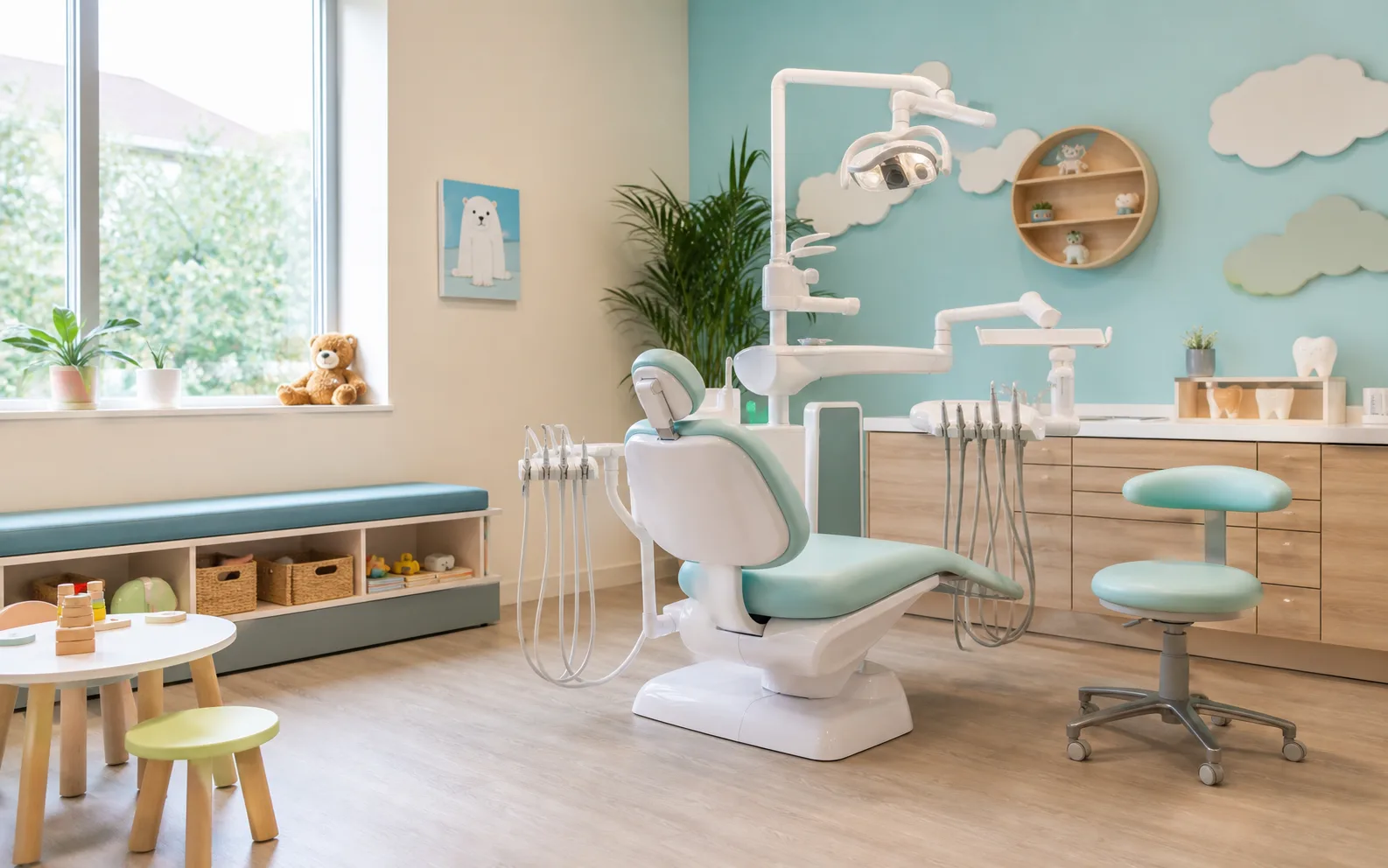 Friendly pediatric dentistry room with soft colors