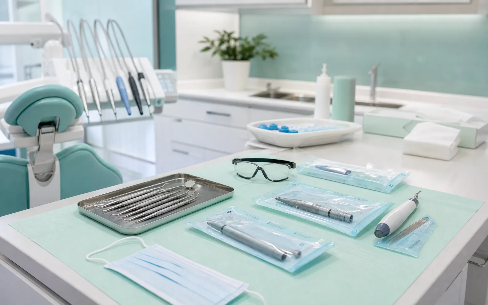 Dental hygiene preparation with protective tools arranged neatly