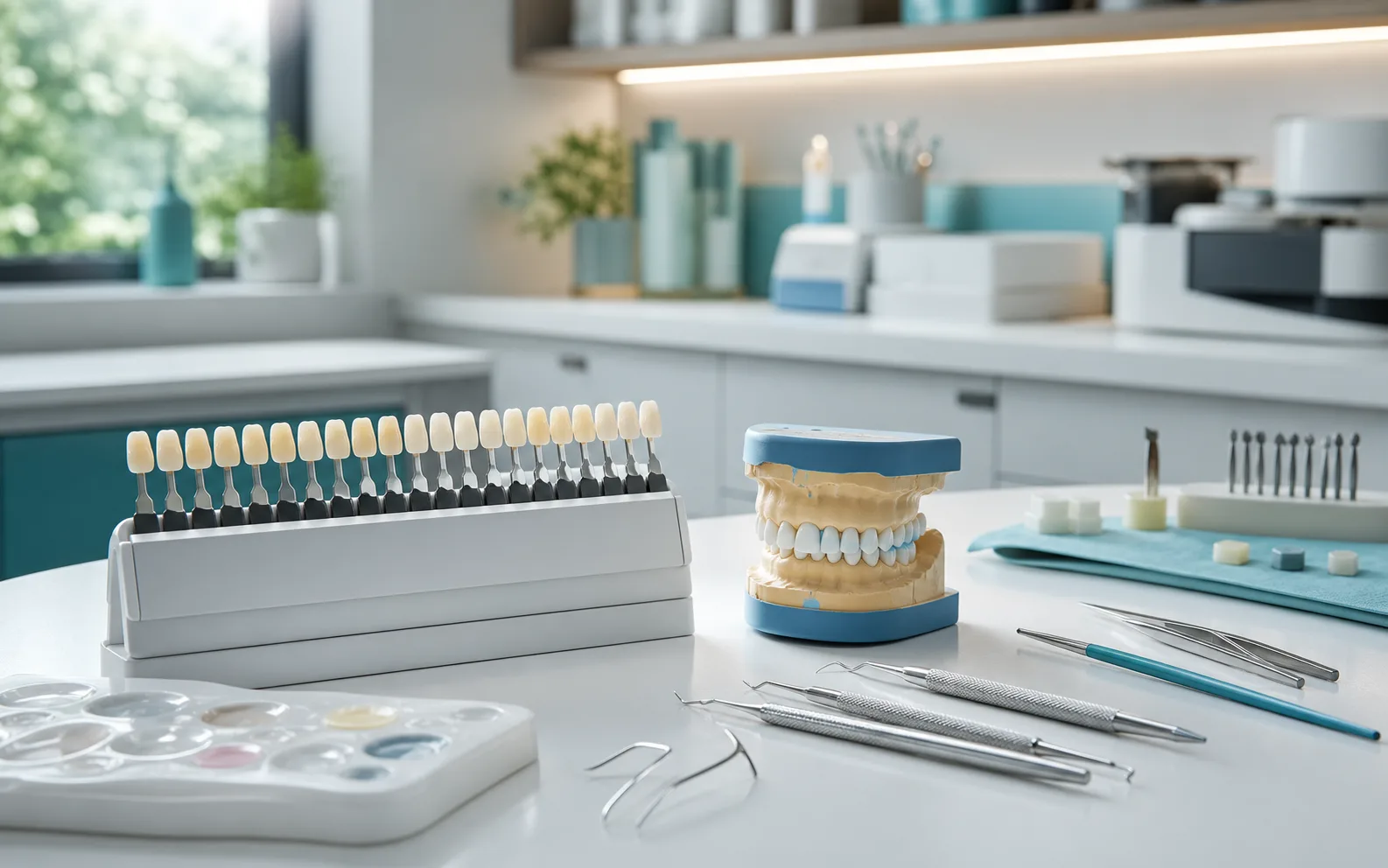 Dental lab detail with ceramic shade samples and precise tools