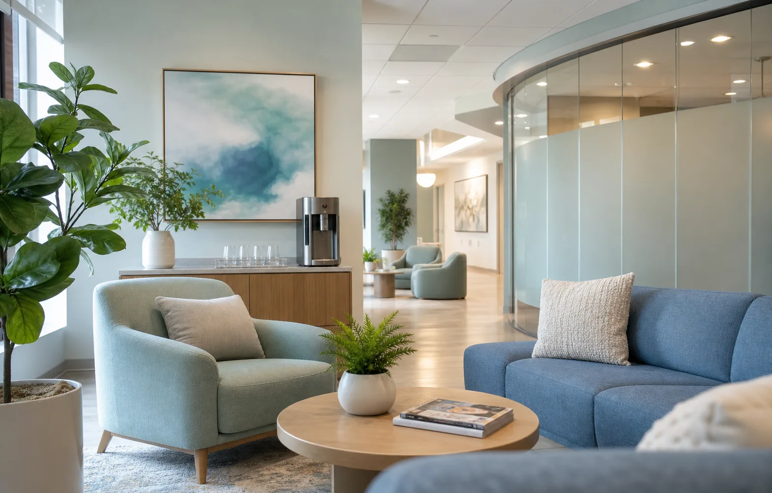Comfortable dental clinic waiting lounge in blue and mint tones