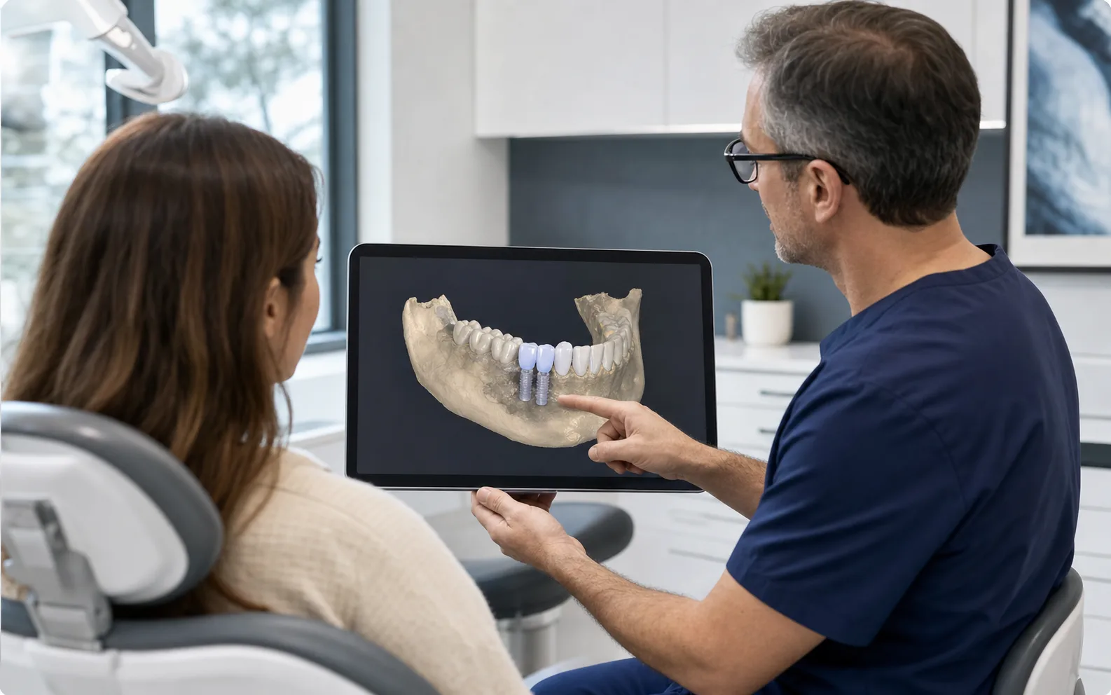 Dentist planning implant treatment with digital scan on screen