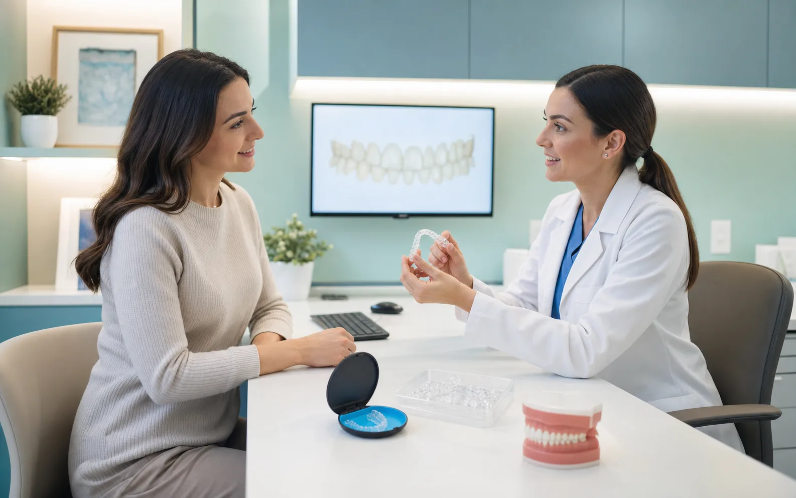Orthodontics consultation with clear aligner models