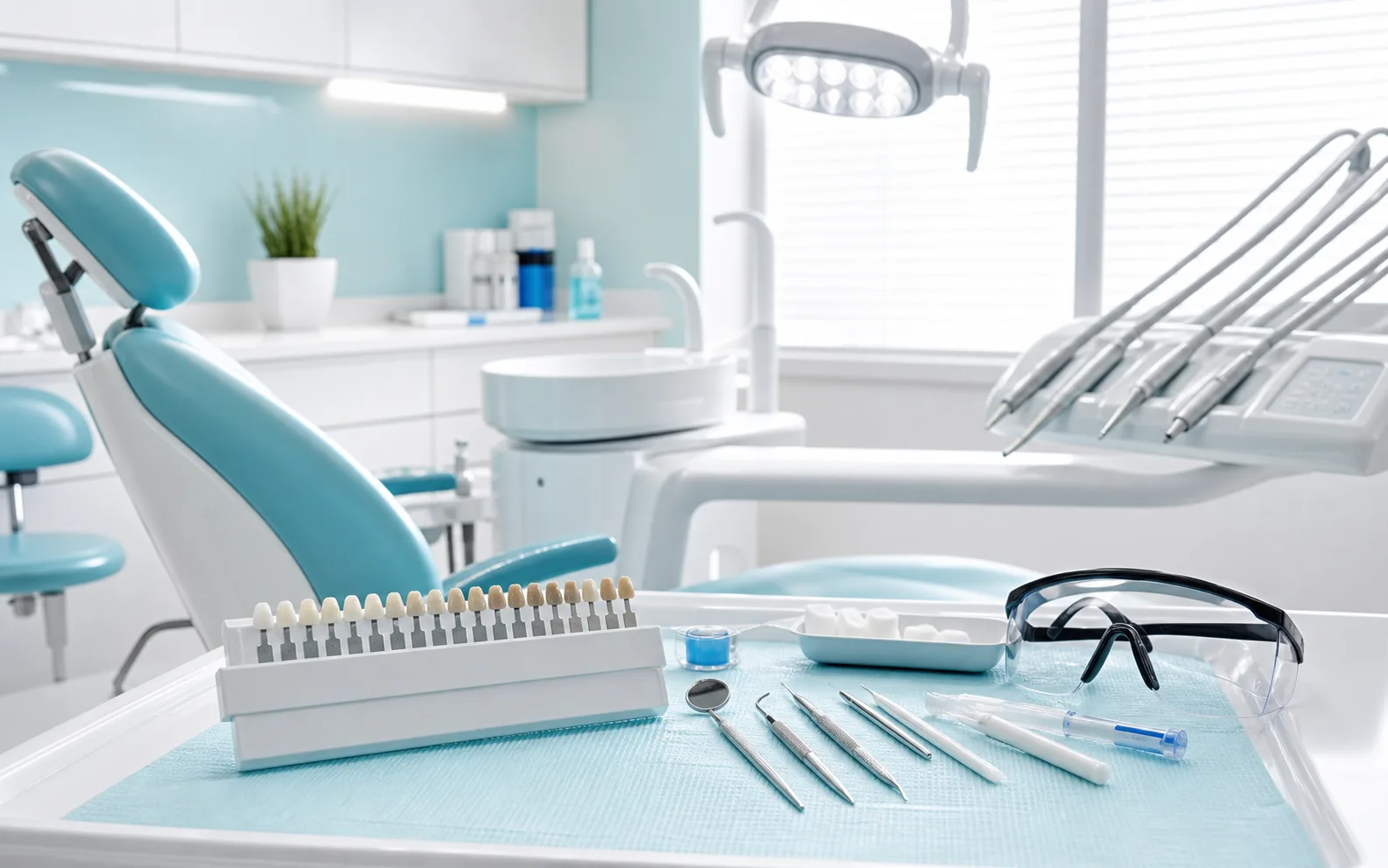 Professional hygiene and whitening setup in a clean dental room