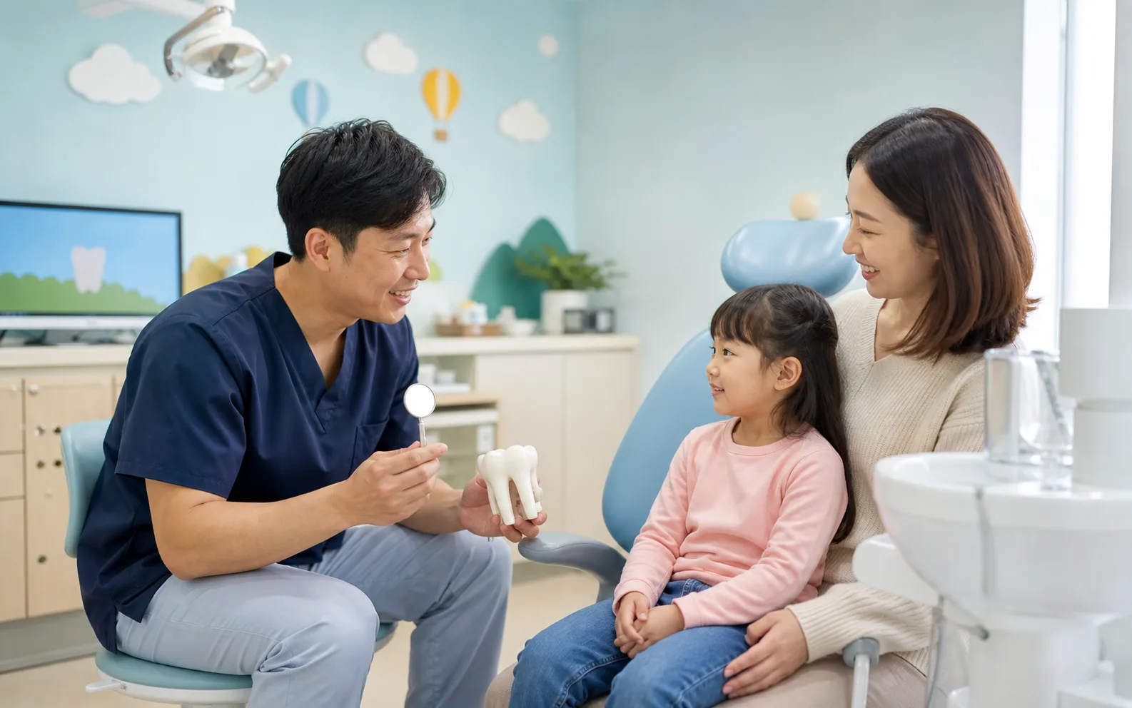 Gentle pediatric dental care scene in a bright clinic